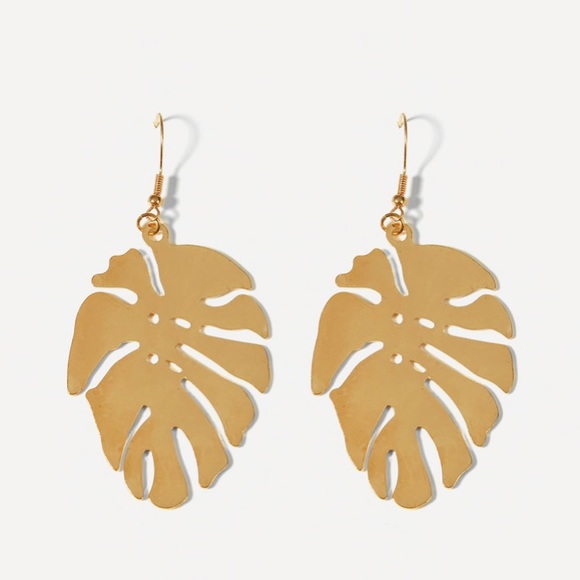 Monstera Leaf Goldtone French Wire Earrings - Picture 5 of 7